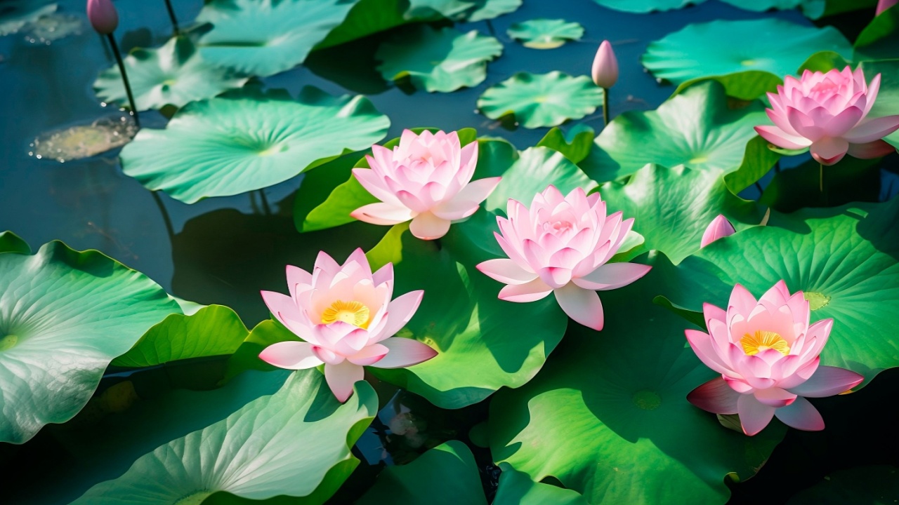 Lotus flowers bloom pond landscape. Nelumbo nucifera pink petals green leaves river water lily. Japanese asian culture garden decoration photo