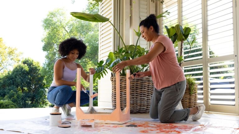 Biracial mother and adult daughter are painting furniture outside at home for an upcycling project. Mother has short black hair, daughter has curly brown hair, unaltered.