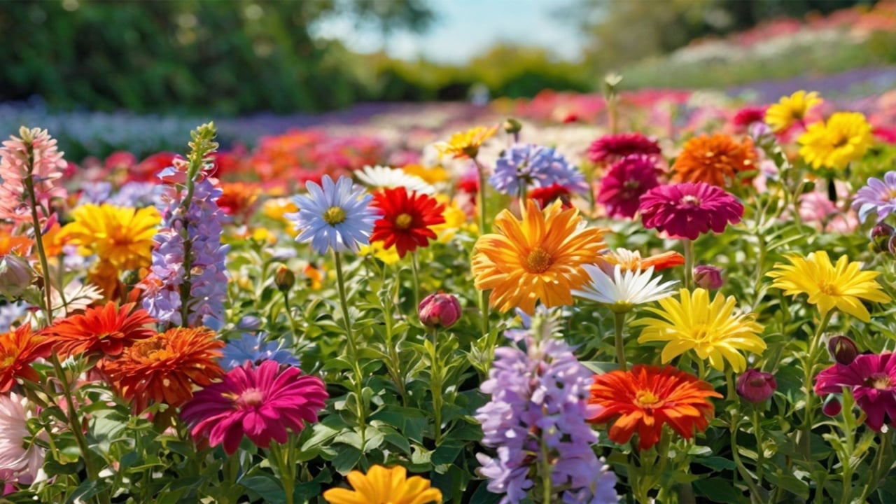 Beautiful spring garden. The green lawn emphasizes the blooming flowers in the garden. A diverse spectrum of colorful flowers, panoramic views of natural beauty