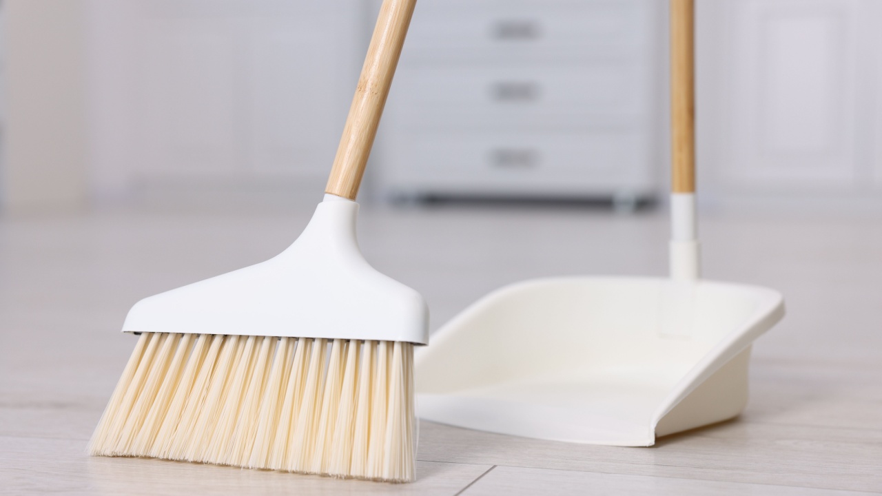 Cleaning broom and dustpan on wooden floor indoors