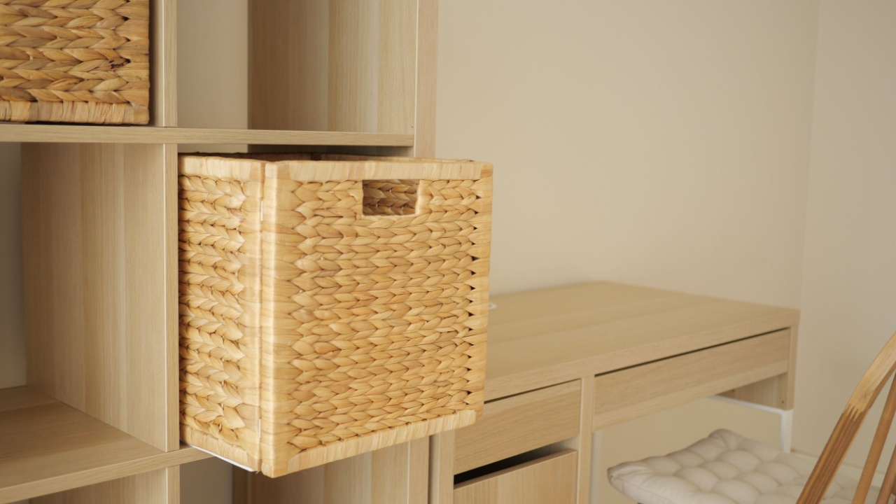 Home office storage solution with woven basket and wooden desk