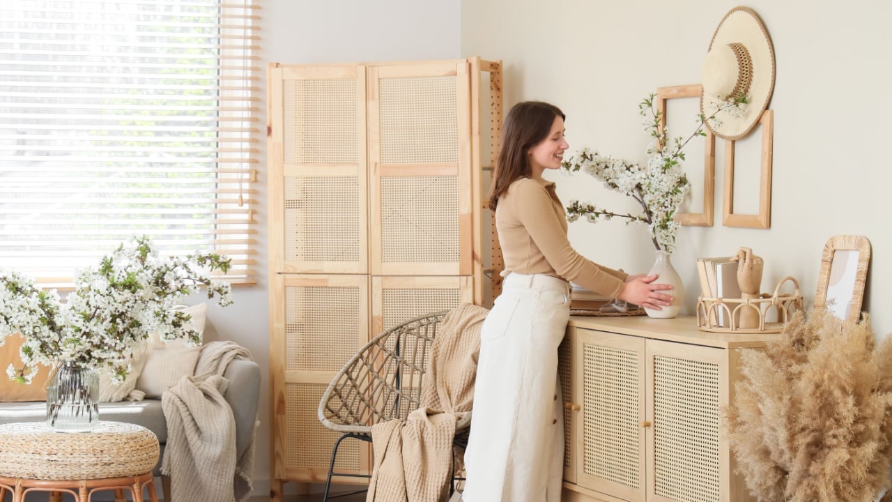 Young woman putting vase with flowering branches on chest of drawers in living room