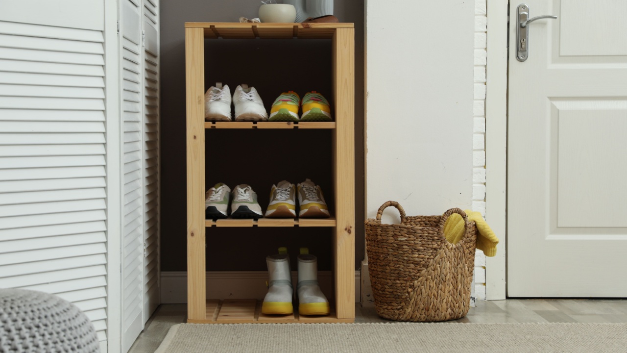 Different footwear on shelves in entryway. Shoe storage