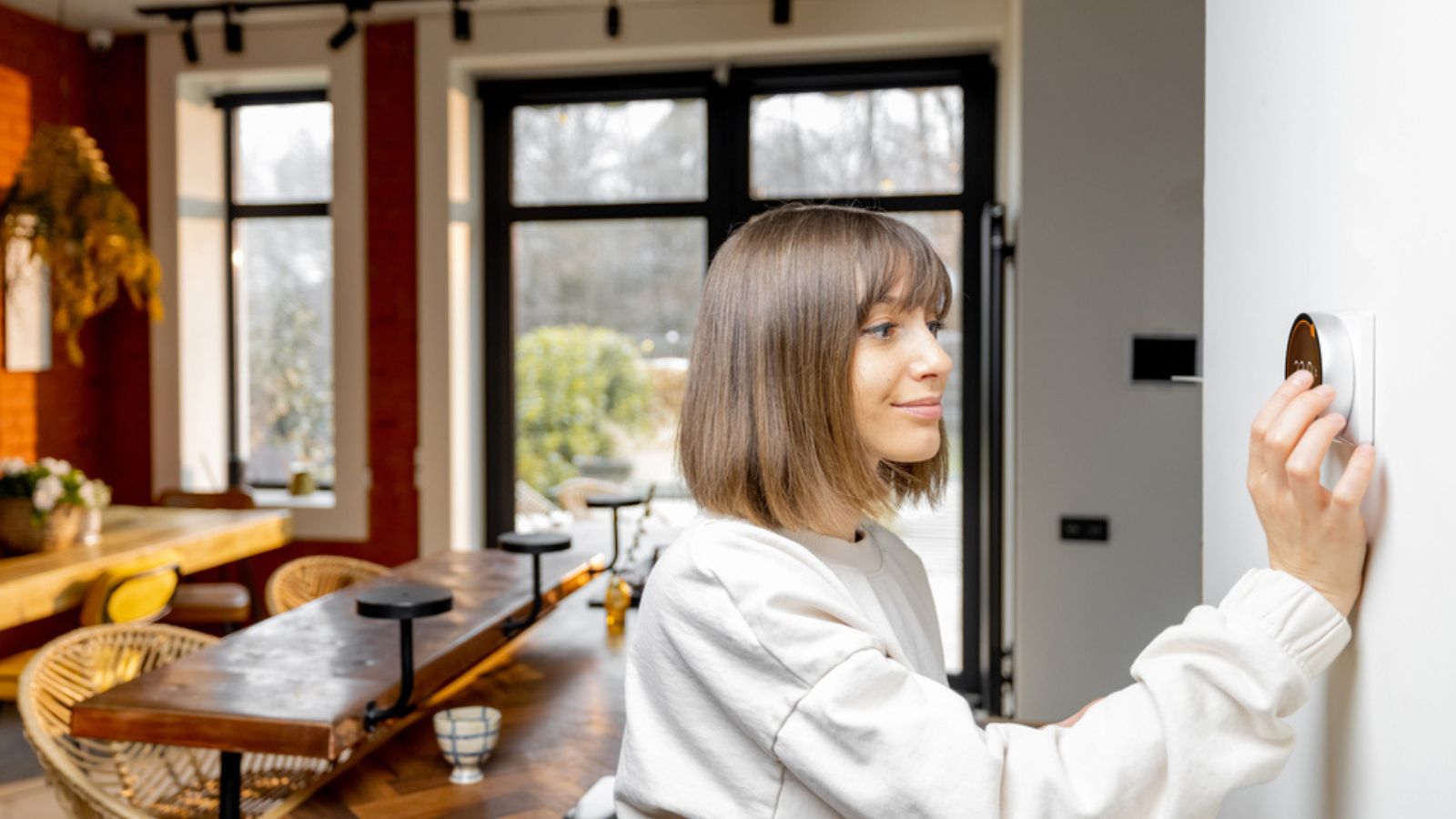 Woman controlling home temperature with electronic thermostat