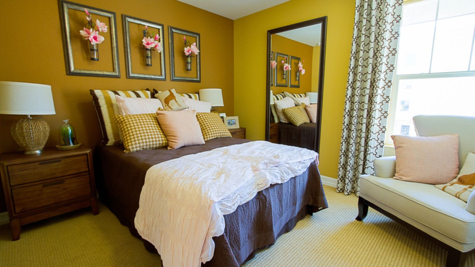 empty wall of bed room decorated with mirror in bedroom