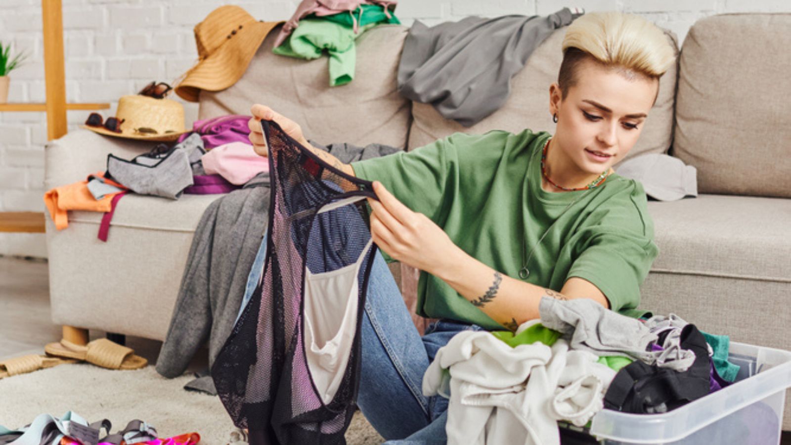 young woman organizing house declutter donate