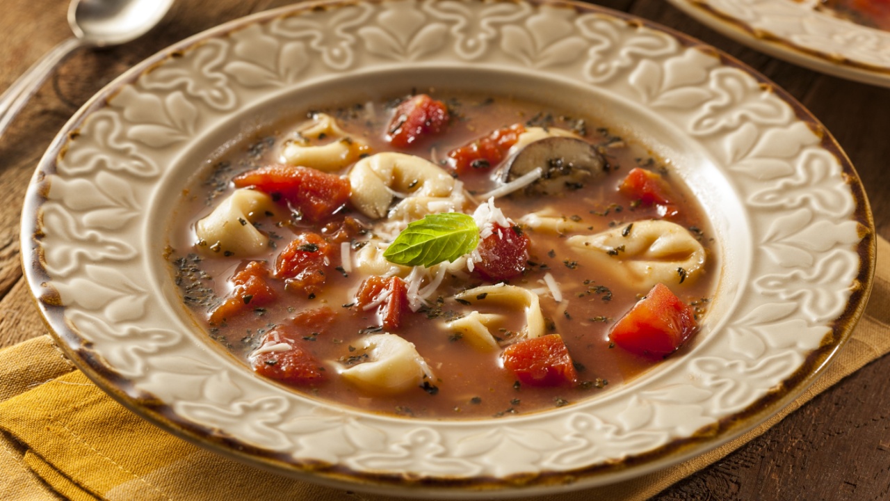 Rustic Homemade Tortellini Soup with Tomato, Basil, and Spinach