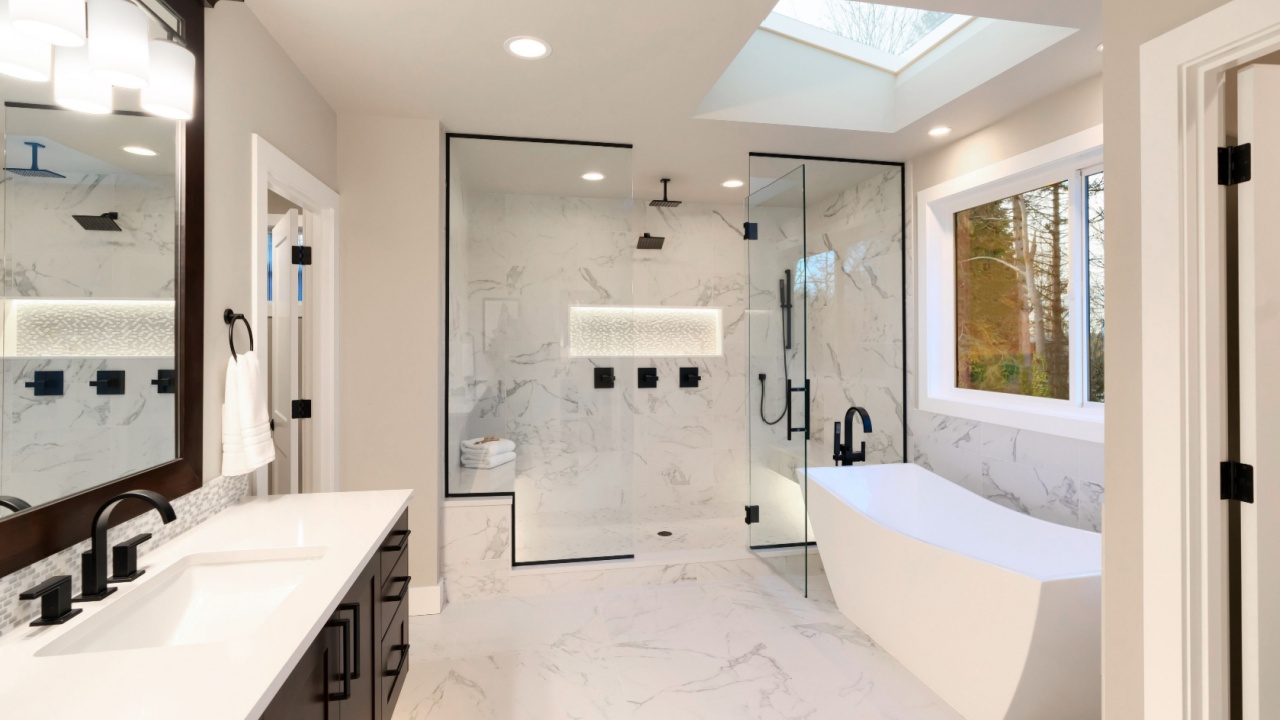 Luxury modern home bathroom interior with dark brown cabinets, white marble, walk in shower, free standing tub, two mirrors, flowers.