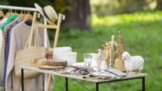 Many different items selling in yard. Garage sale