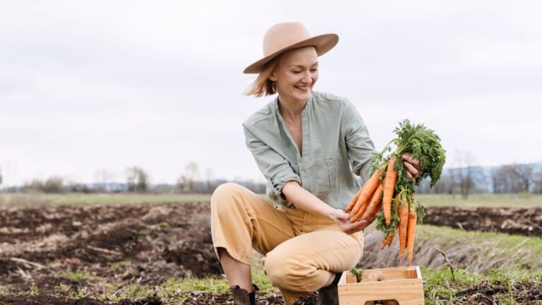 Female farmer holding wooden box full of fresh raw vegetables in agricultural field area. Woman standing proud with freshly bunch harvest outdoors. Local organic products, sustainable agriculture.