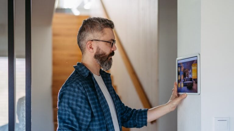 Smart home system. Man adjusting household functions, lighting, security cameras, door locks and smart thermostat or heating settings. Concept of sustainable and smart technology at home.