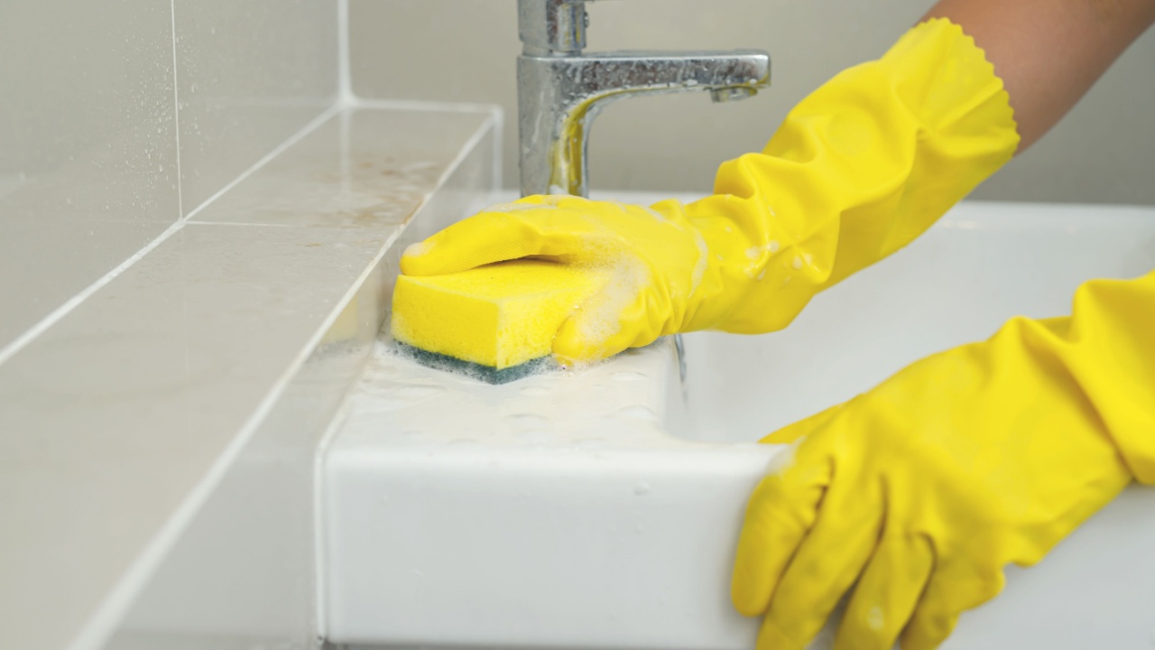 Clean the sink in the bathroom