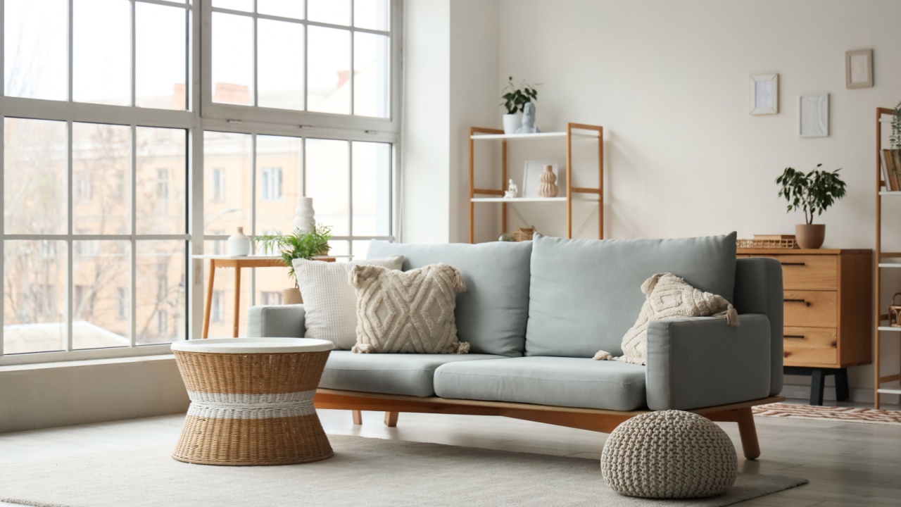 Cozy sofa and coffee table in interior of living roomCozy sofa and coffee table in interior of living room