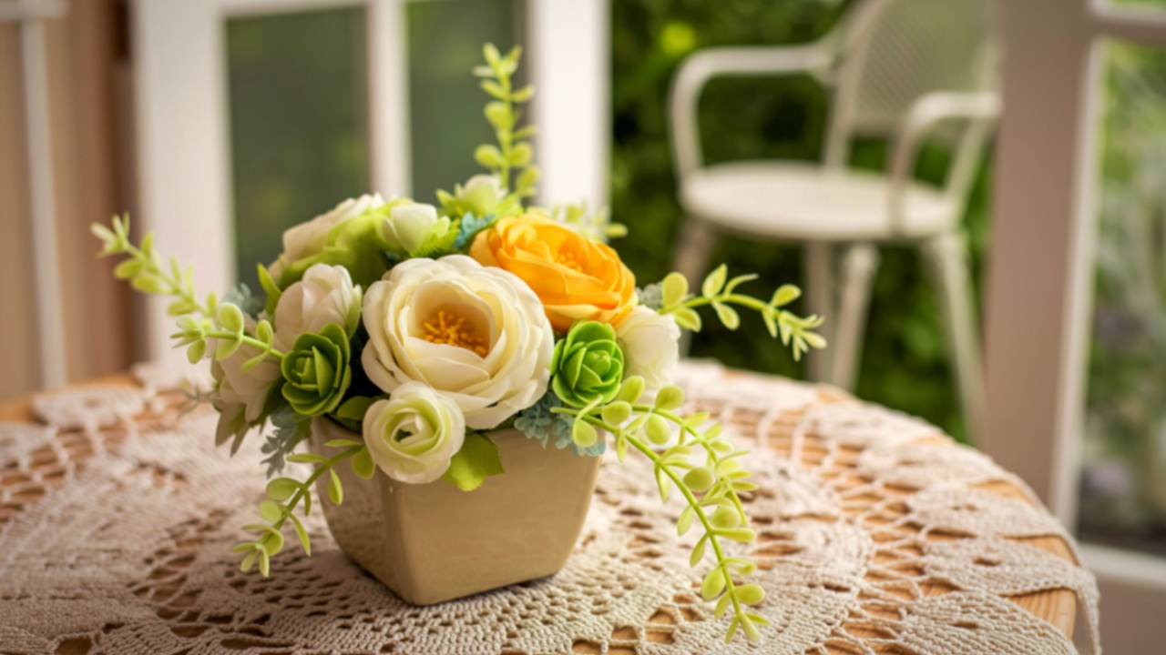 A delicate arrangement of white and yellow roses with green accents sits in a cream pot on a textured lace doily. The scene is set on a wooden table, with a blurred background of a doorway and garden.