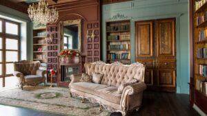 Luxury interior of home library. Sitting room with elegant furniture