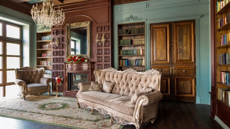 Luxury interior of home library. Sitting room with elegant furniture