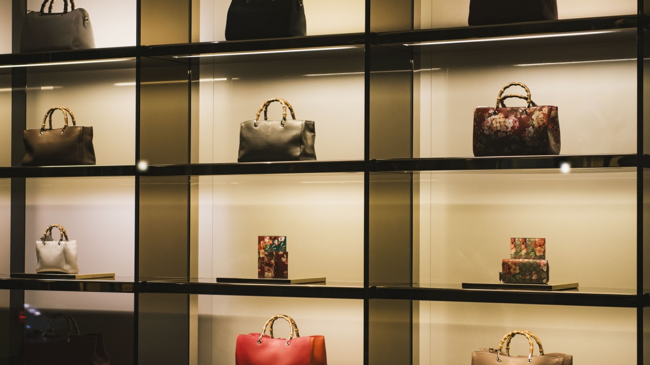 Handbags in a luxury fashion store