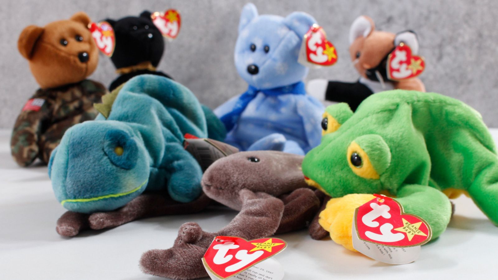 A view of a collection of Beanie Babies stuffed animal toys