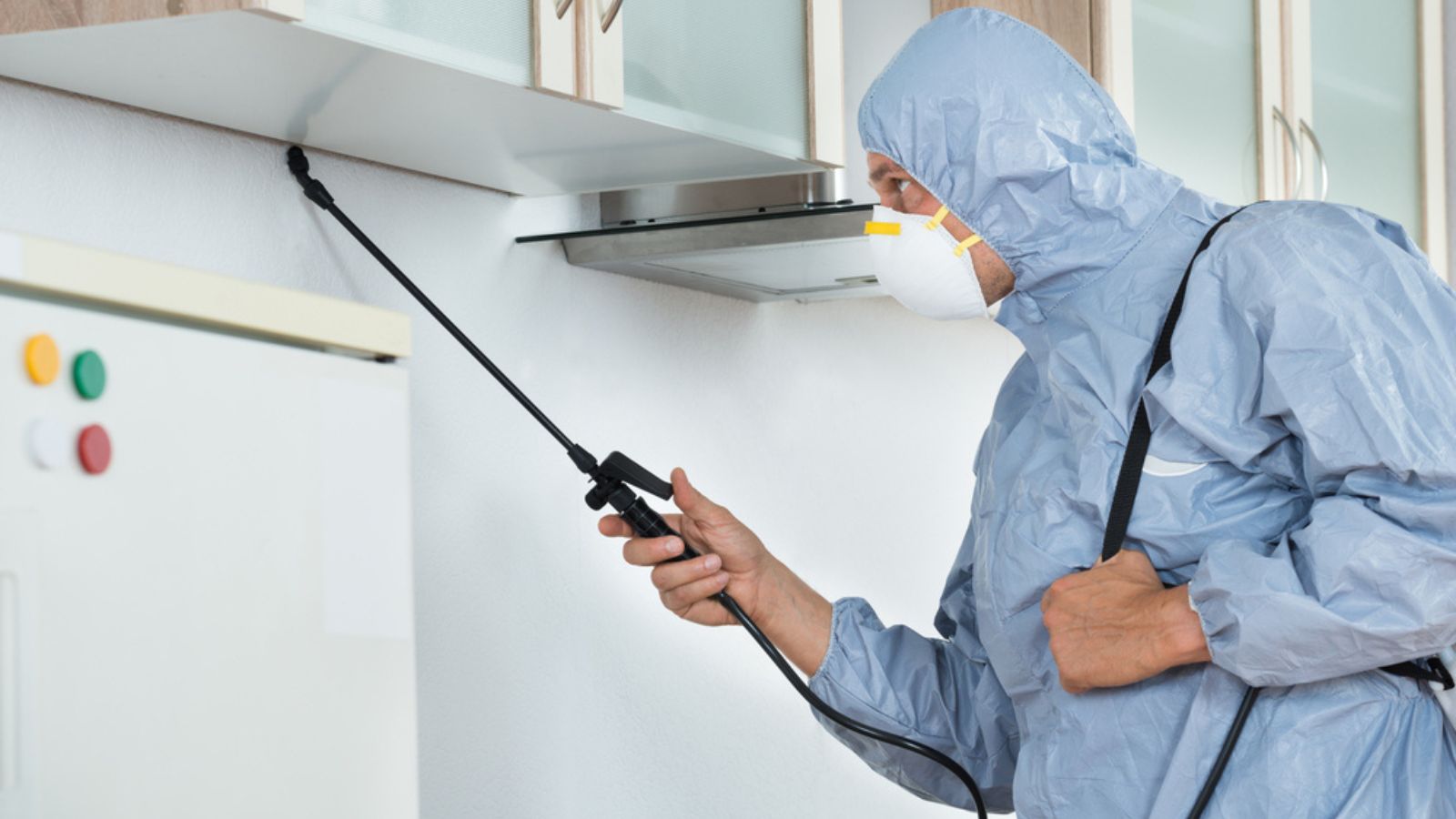 Exterminator man Spraying Pesticide In Kitchen