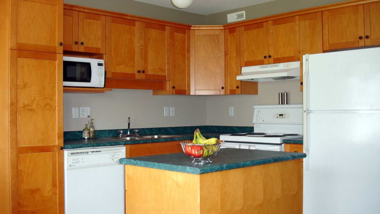 The kitchen has beautiful Shaker-style maple cabinets, a double stainless steel sink and an island with lots of storage. It's spacious and opens onto the dining and living rooms.