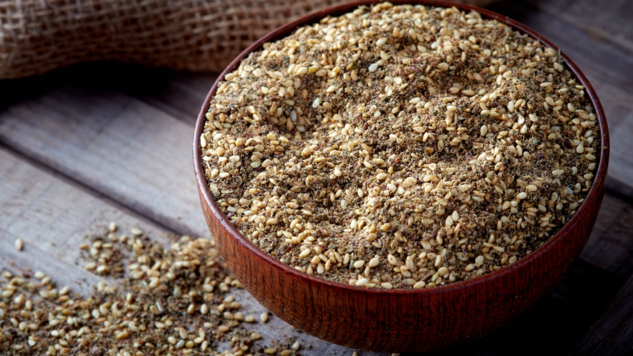 Za'atar (zatar), Middle Eastern spice mixture in wooden bowl