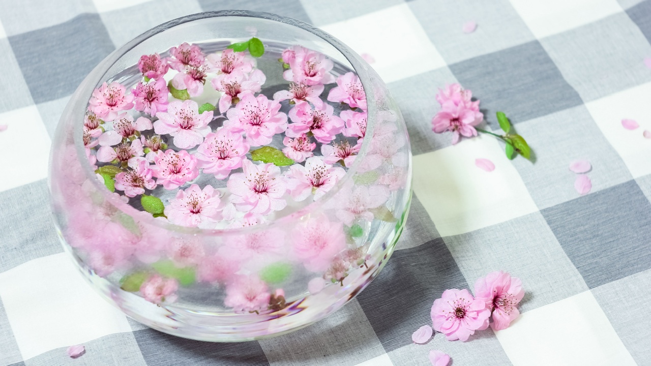 Peach blossom, a glass bottle floating a beautiful peach blossom