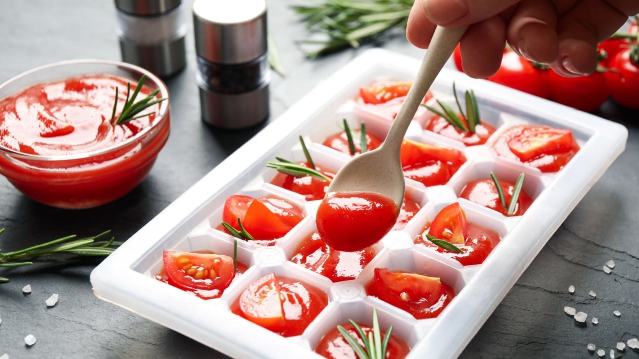 Woman pouring sauce into ice cube tray with tomatoes and rosemary at grey table, closeup