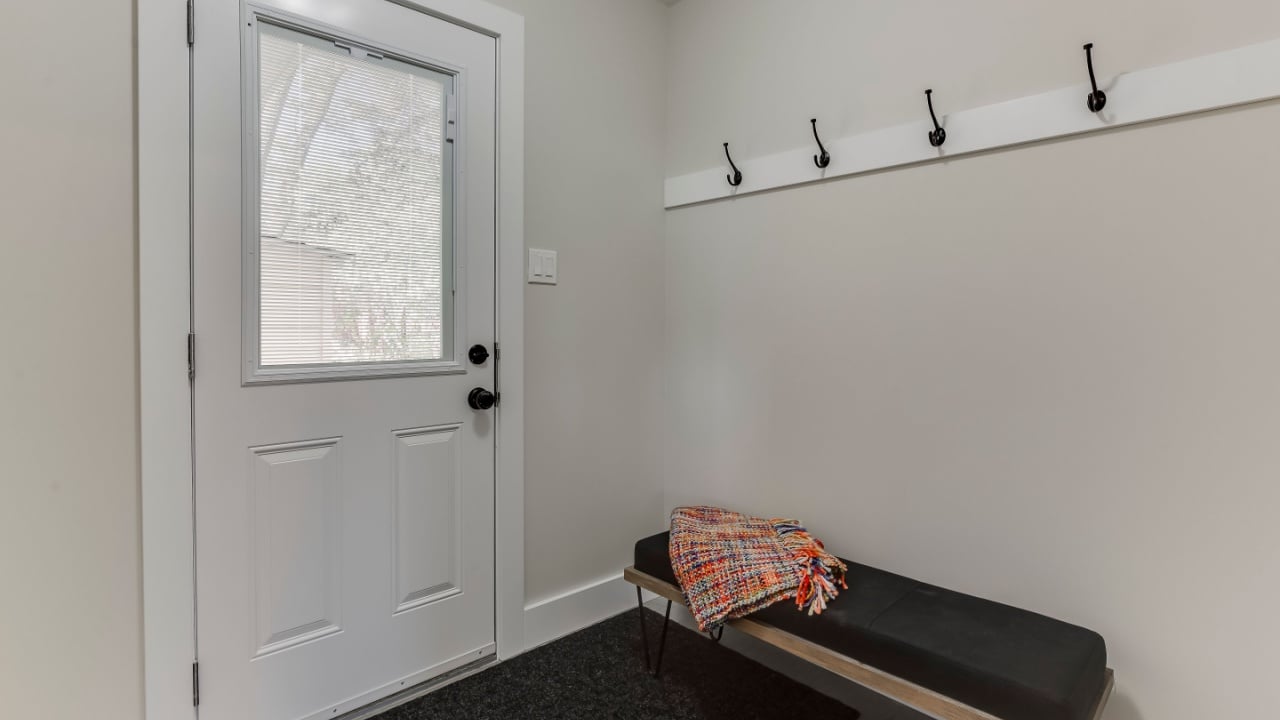 A modern mudroom interior in a new home