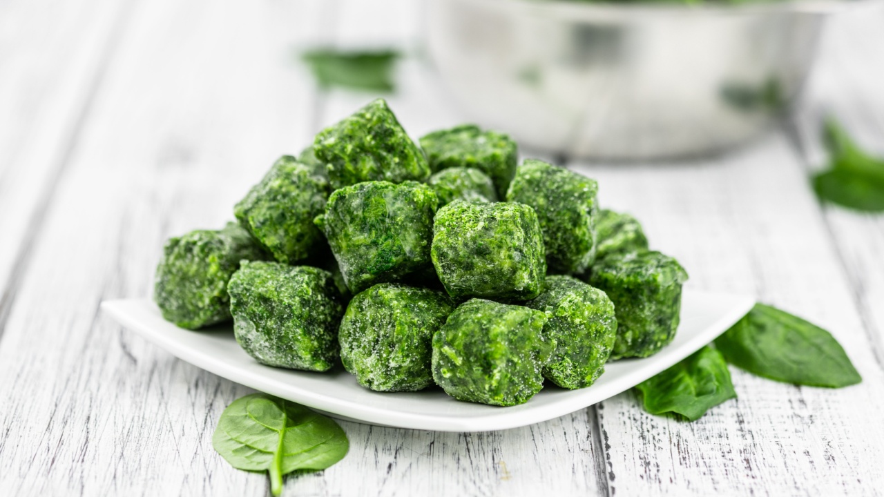 Frozen spinach cubes as detailed close up shot (selective focus)