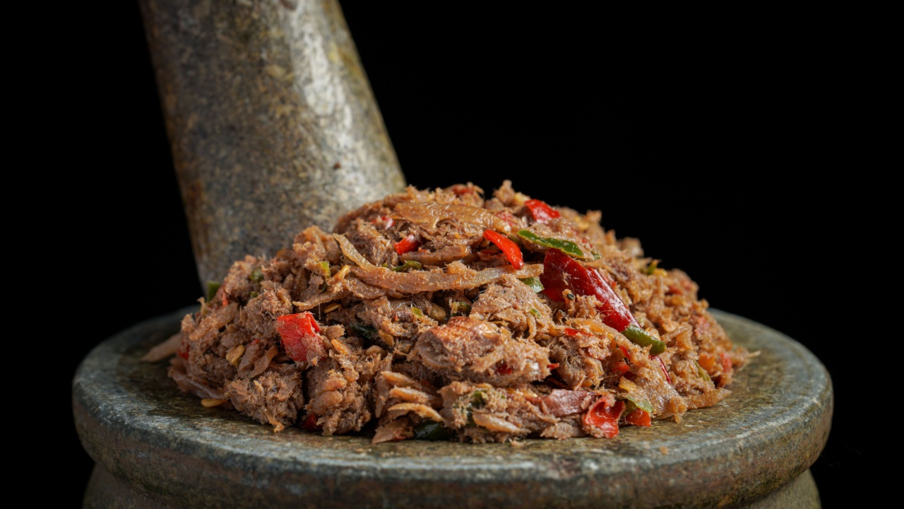 Anchovies chili paste in mortar.