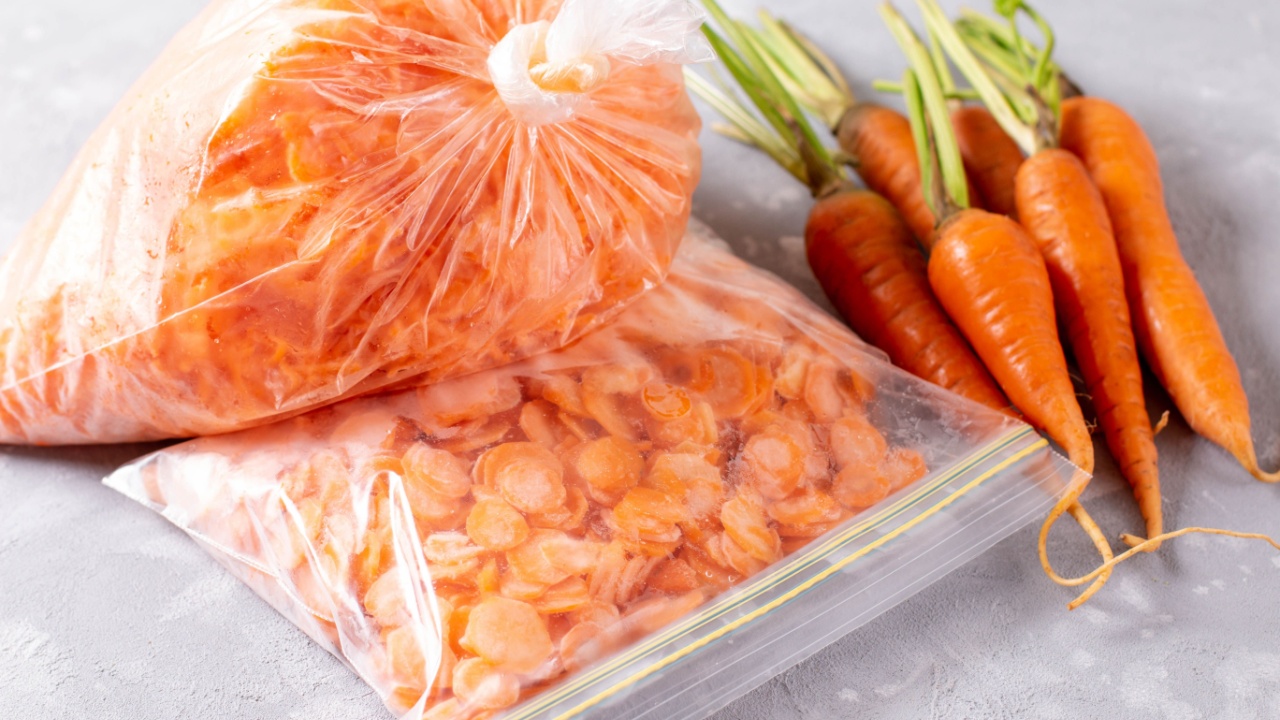 Frozen carrots in different ways in a plastic bag on a light background. Frozen vegetables