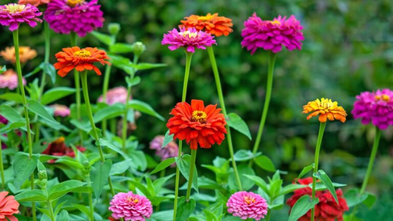 Zinnias of all colors blooming in summer garden