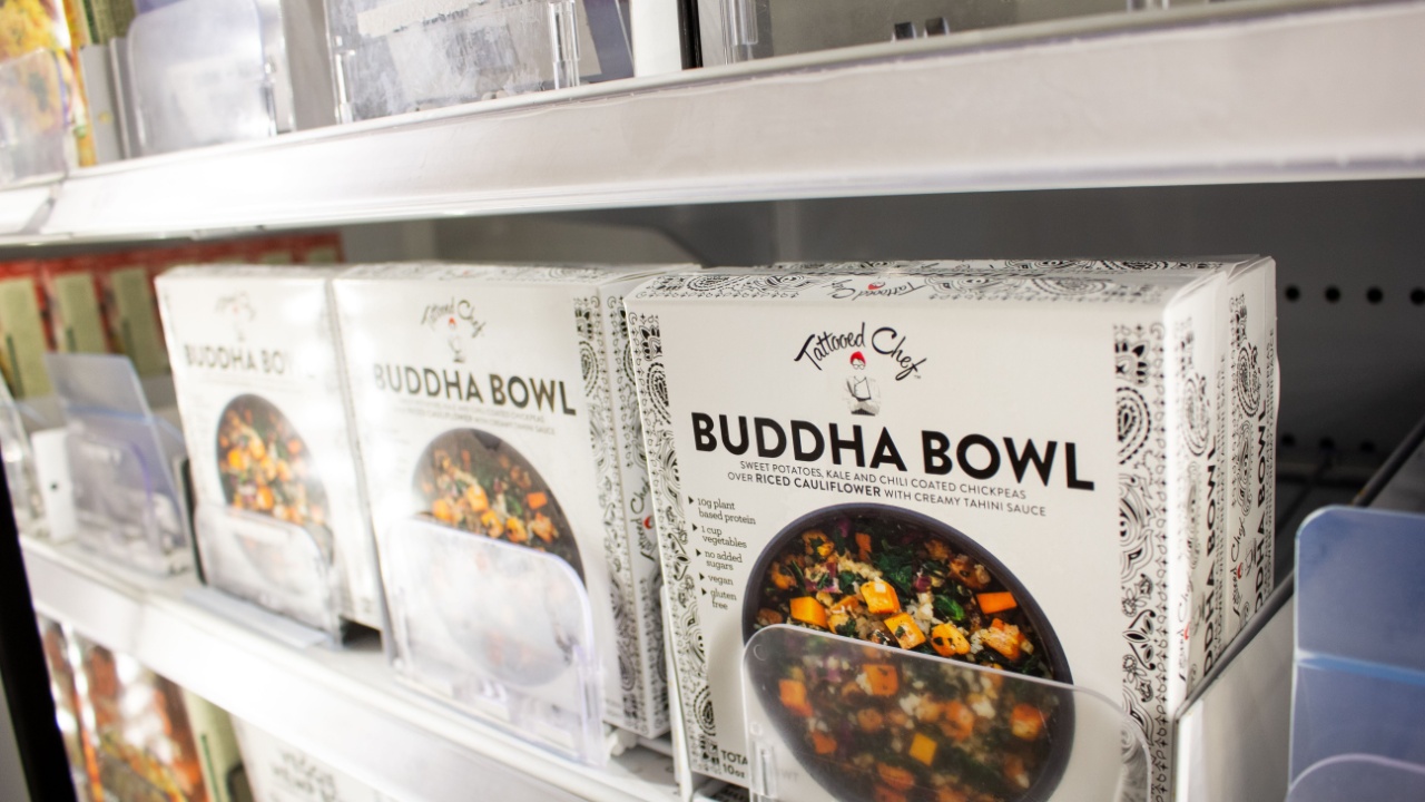 Los Angeles, California, United States - 03-18-2021: A view of several boxes of Tattooed Chef frozen dinners, on display at a local grocery store.