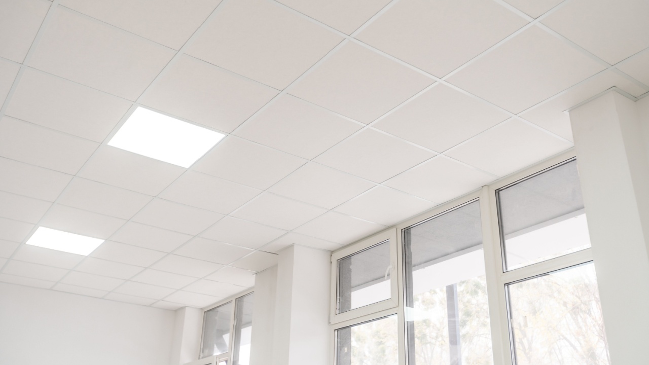 Acoustic ceiling with lighting and light channel window, Acoustic ceiling board texture Sound-proof material, Sound absorber.