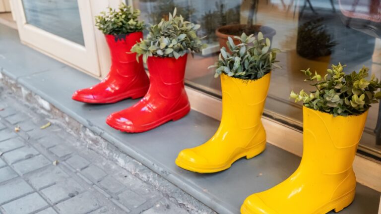 Vintage rubber boots as flower pots and decoration