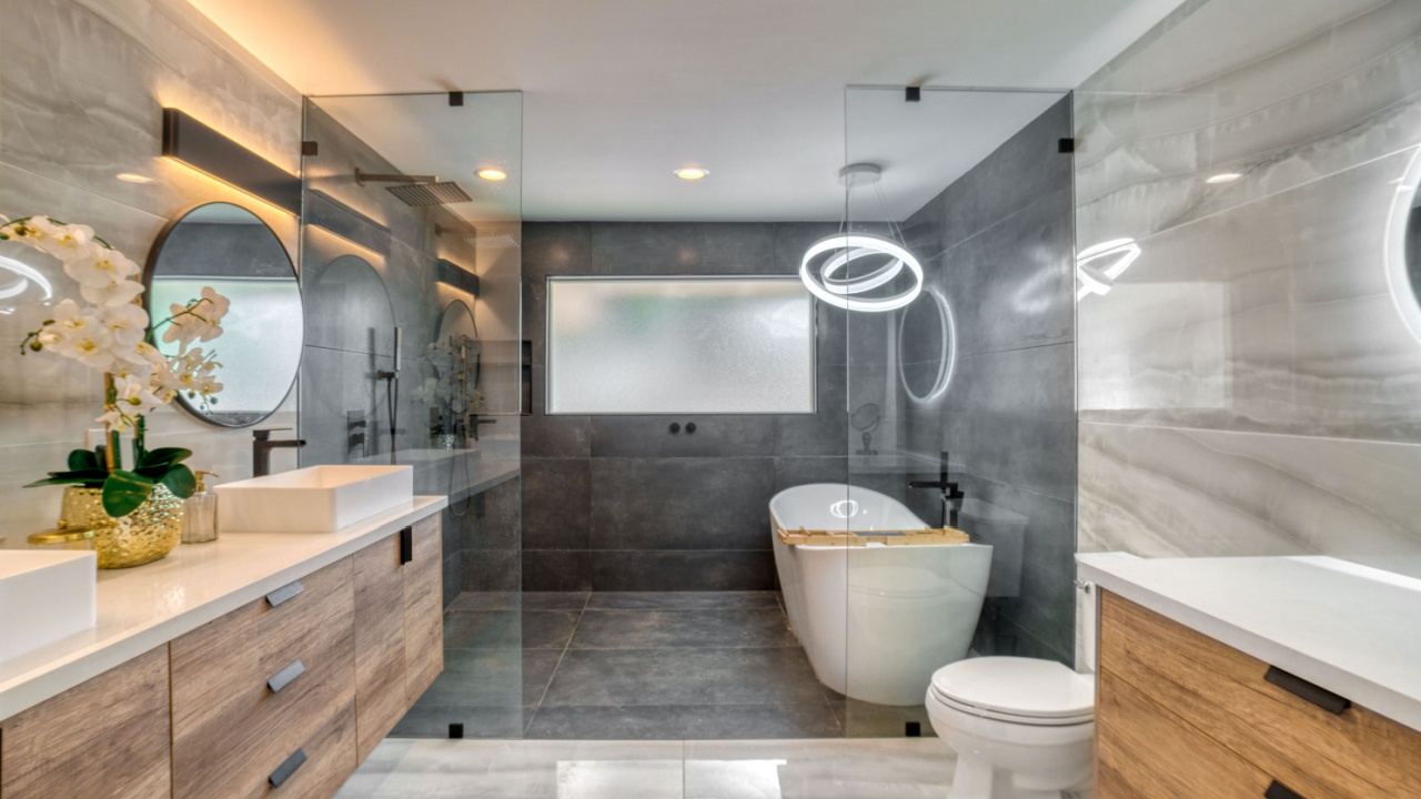 A luxury black and white bathroom