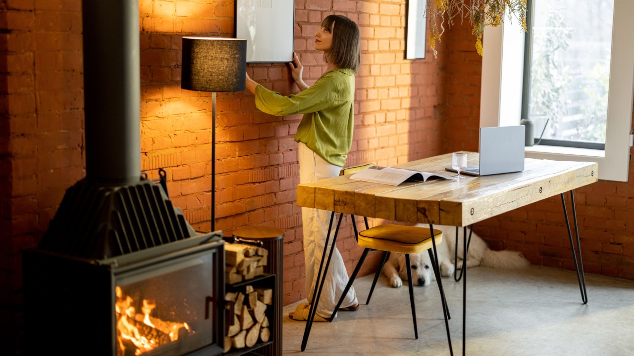 Young woman hangs and fixes photo frame on brick wall, decorating living space at home. Home design and improvement concept