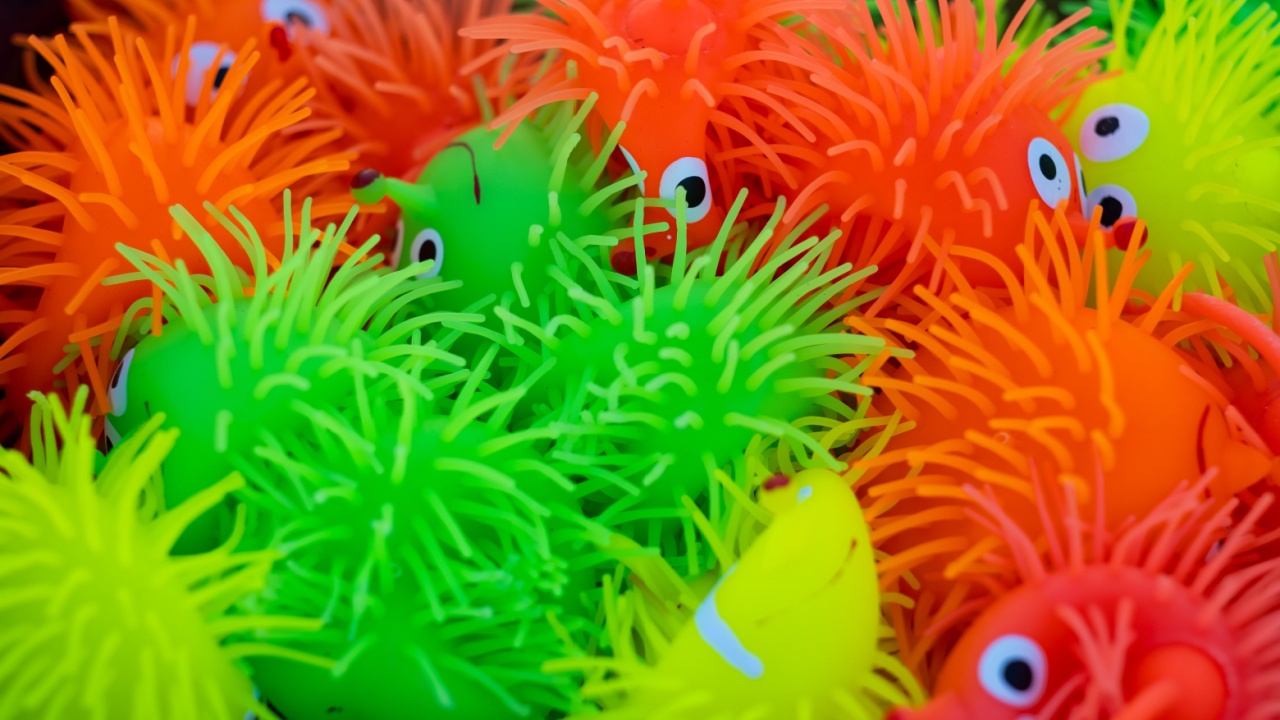 A closeup of colorful yoyo puffer balls