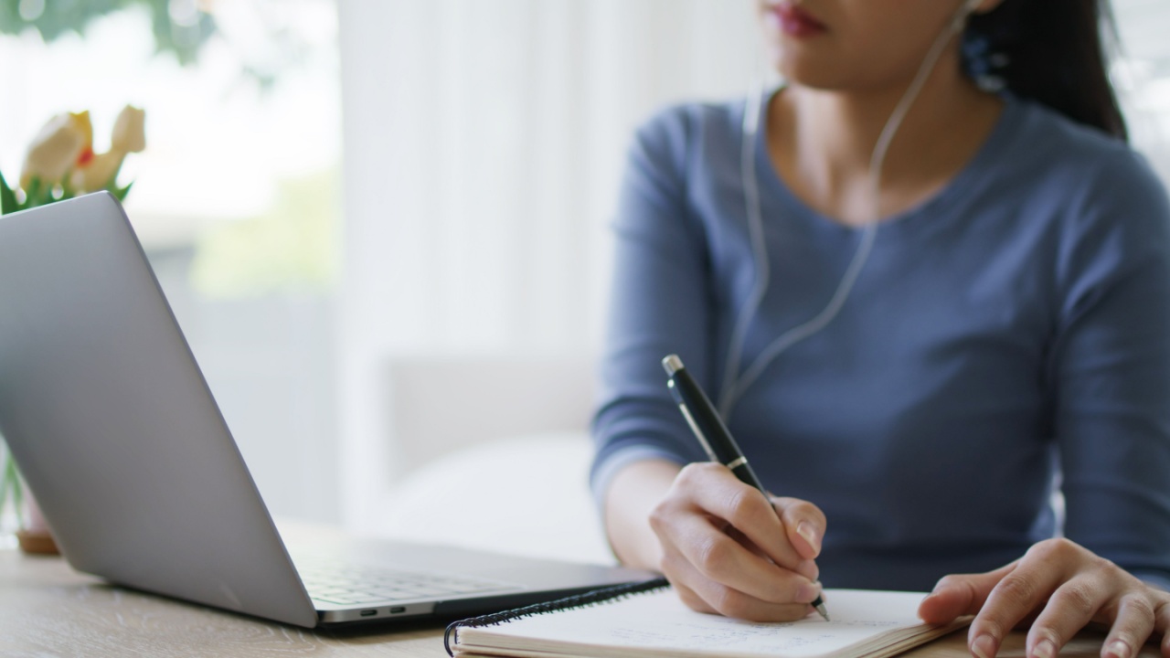 New possible career digital transformation future workforce class. Asia people young girl talent woman sit relax remote work typing e-mail at sofa home office study MBA reskill upskill job course.