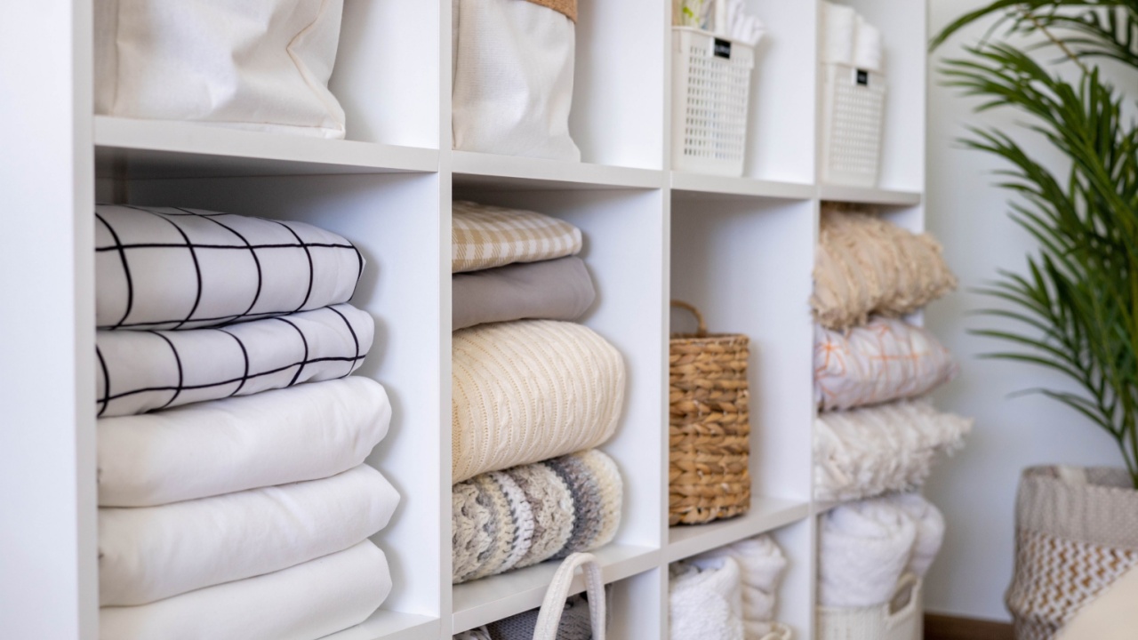 Neatly folded linen cupboard shelves storage at eco friendly straw basket placed closet organizer drawer divider. Stacks towels pillows plaids soft sheets bedding cabinet filling Nordic organization