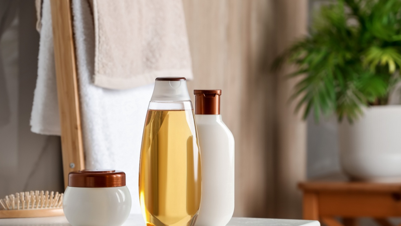 Shampoo, conditioner and hair mask near brush on white table in bathroom, space for text