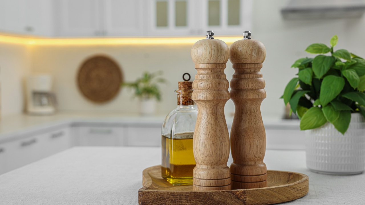 Wooden salt and pepper shakers, bottle of oil on white table indoors, space for text