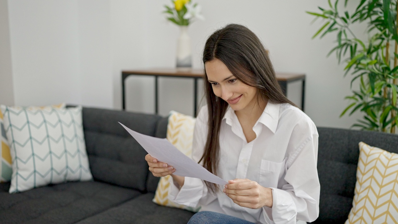 Young beautiful hispanic woman reading document sitting on sofa at home