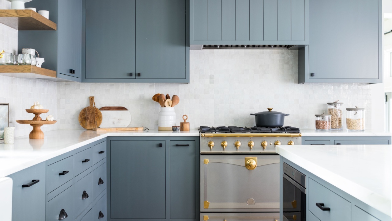 aesthetic blue cabinets modern kitchen