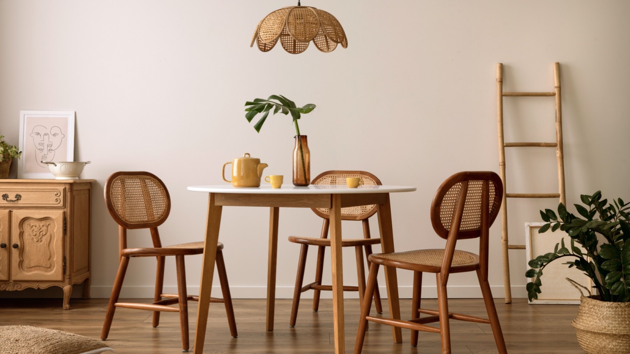 The stylish dining room with round table, rattan chair, wooden commode, pock up poster and kitchen accessories. Beige wall with mock up poster. Home decor. Template.