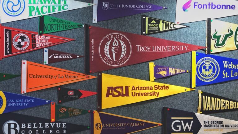 HoChiMinhCity, Vietnam - January 17, 2024: Pennant flags set for college volleyball, football, baseball or basketball team pinned to a wall