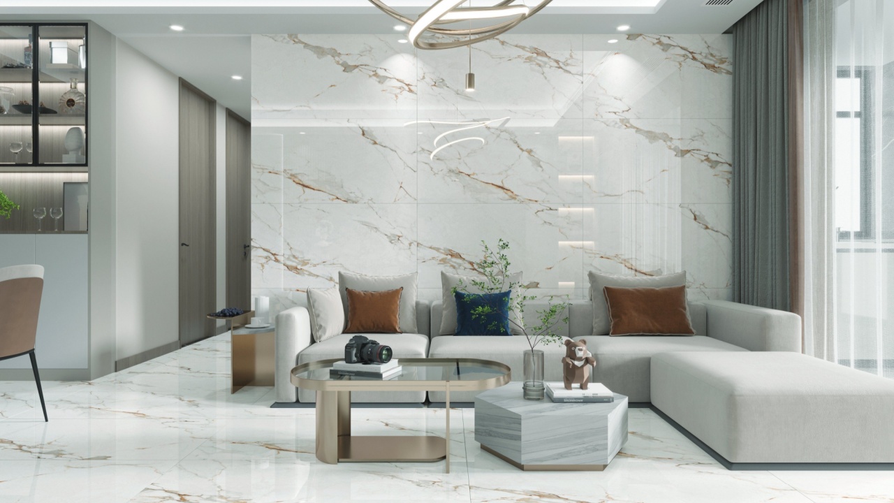 Modern living room with mezzanine image, beige marble floor decorate wall with groove, furnished with grey fabric furniture, There are large windows look out to see the nature. Mock up.