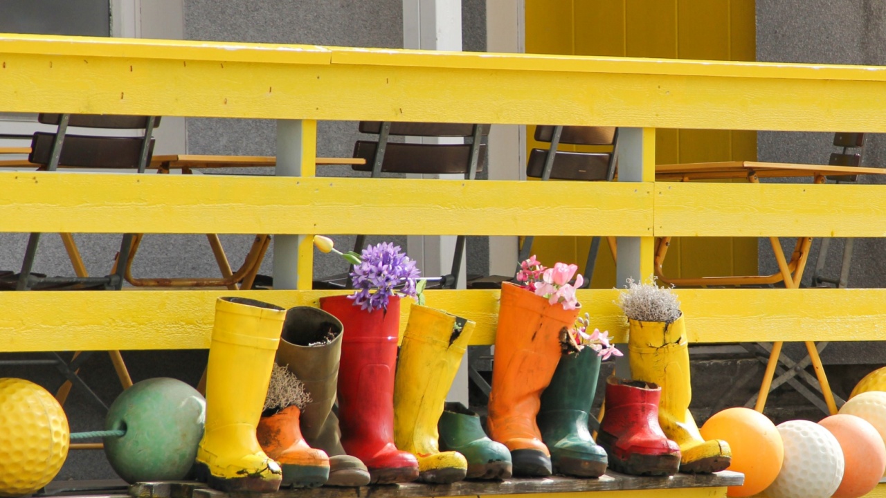 Colorful reusable and repurposing old or out grown rain rubber boots used as planters and flowerpots for go green DIY ecofriendly crafty garden decoration. Environmental concept. 