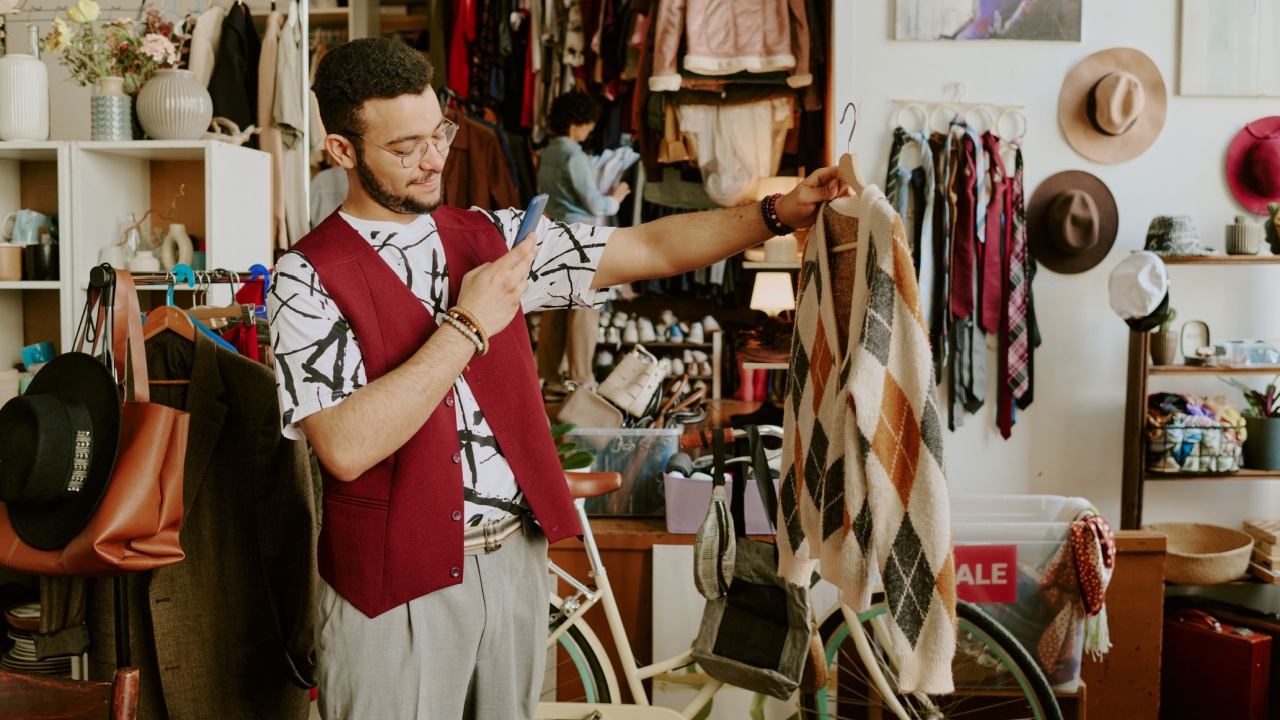 Young man smiling and holding a sweater while browsing clothes in cozy secondhand shop filled with various items and accessories. Multiple people browsing in background