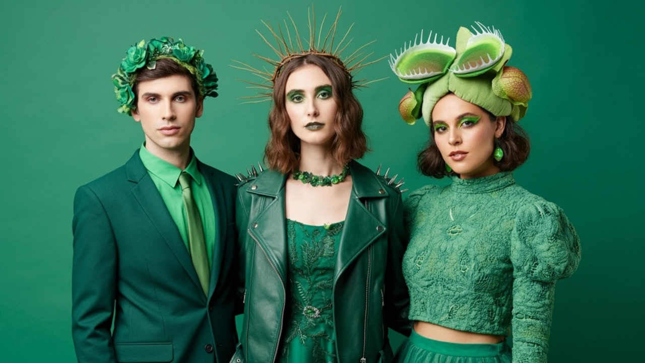 three people dressed all in GREEN outfits - one in an all green suit with a petal headband. One in an all green dress with a thorn crown and spikey green leather jacket. One in a cool textured blouse with a headpiece that is of a venus fly trap